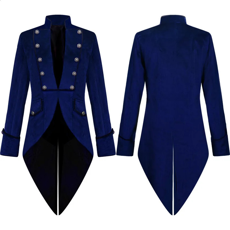 Mens Medieval Steampunk Tailcoat Jacket Men Vintage Blue Velvet Renaissance Victorian Frock Coat Uniform Halloween Costume Homme 240822