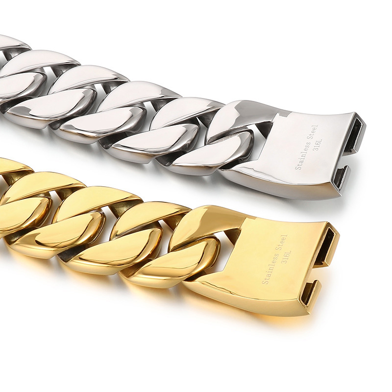 32mm Hip Hop Solid Stainless Steel Miami Cuban Chain Necklace 18K Real Gold Plated Mens Heavy Jewelry
