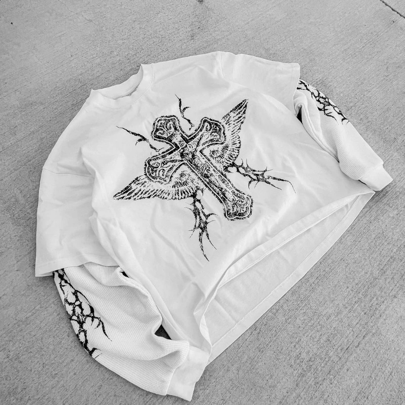 Goth Printed Long Sleeve Graphic Clothing Street Haruku Hip Hop Mens T Shirts Loose Casual Men Clothes Tops 240823