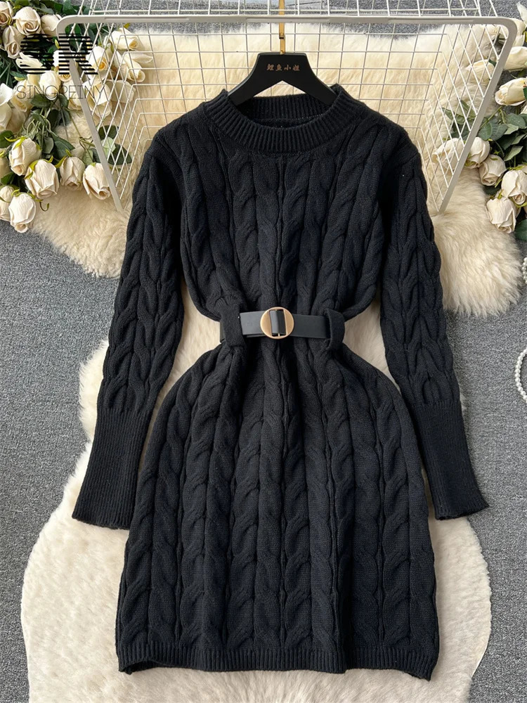 SINGREINY Winter Warm Knit Mini Dress Women Belt Long Sleeve O Neck Elastic Waist Elegant Ladies Slim Soft Sweater Dresses 240822