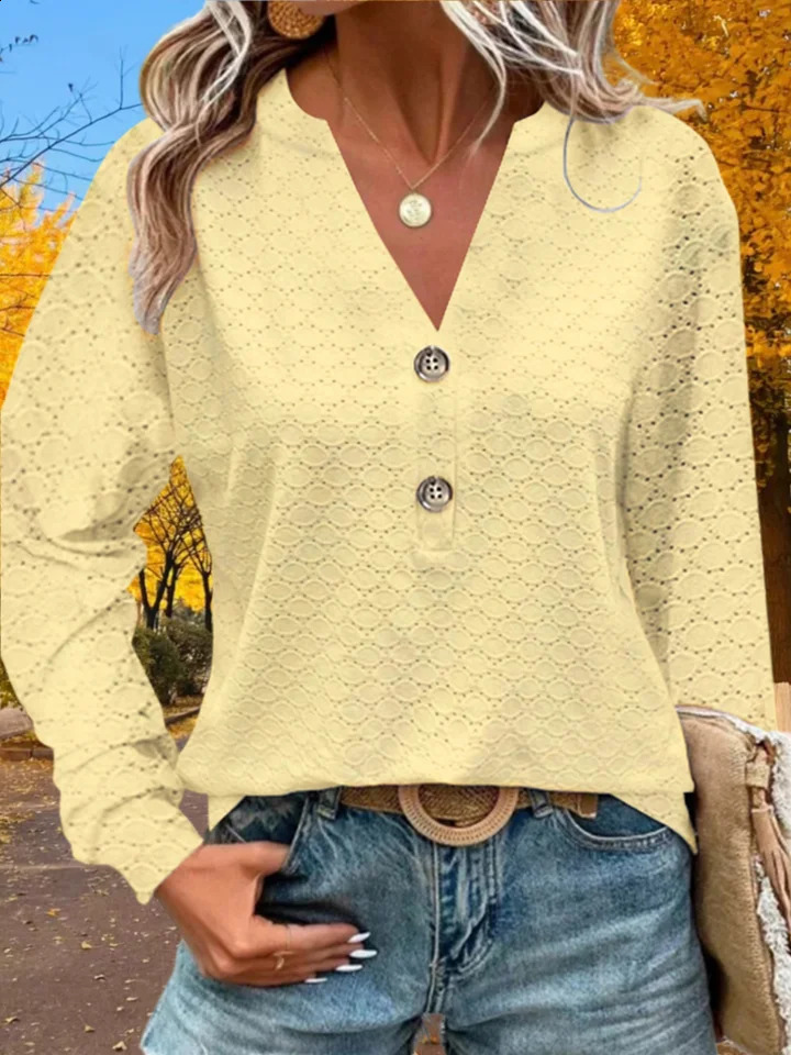Fashionable and simple womens button Vneck long sleeved white shirt solid color loose casual streetwear autumn party clothing 240822