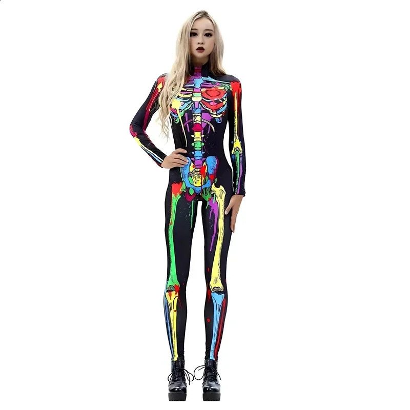 Womens Skeleton Fashion Clothing Color Printed Tight Clothes for Girls Sexy Halloween Role Playing Performance Costumes w240824