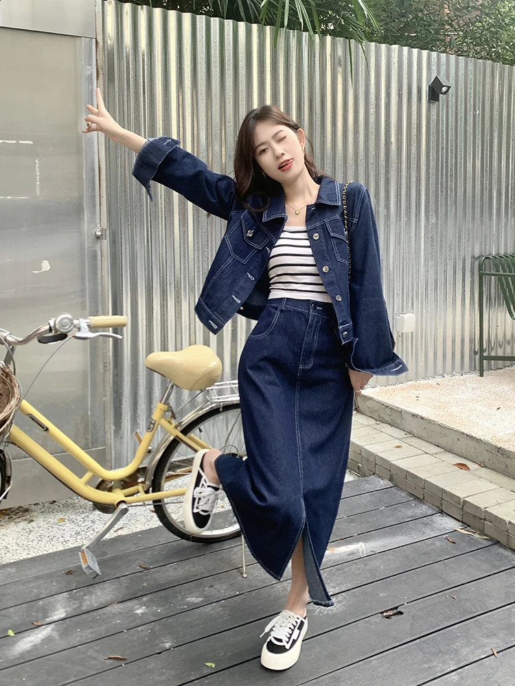 Autumn Winter Denim Two-piece Set For Women Lapel Collar Jacket Tops And Pencil Skirt Female Large Size 3XL Blue Matching Suits 240823