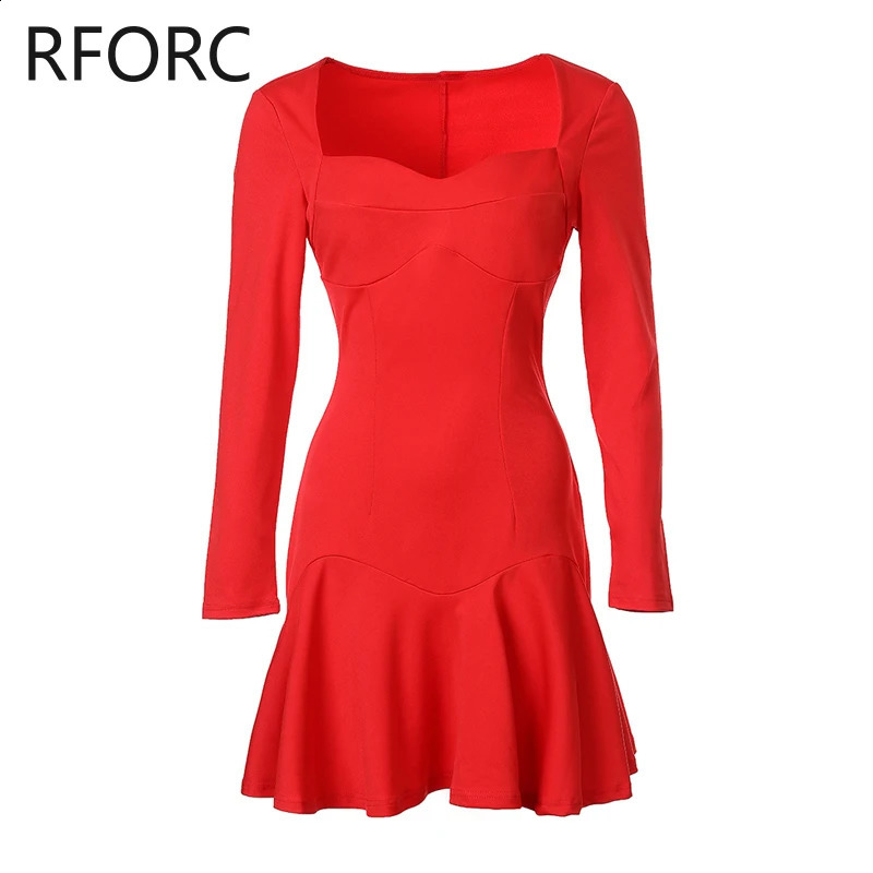 Women Solid Long Sleeves Skinny Ruffle Hem Mini Bodycon Formal Party Red Dress 240823