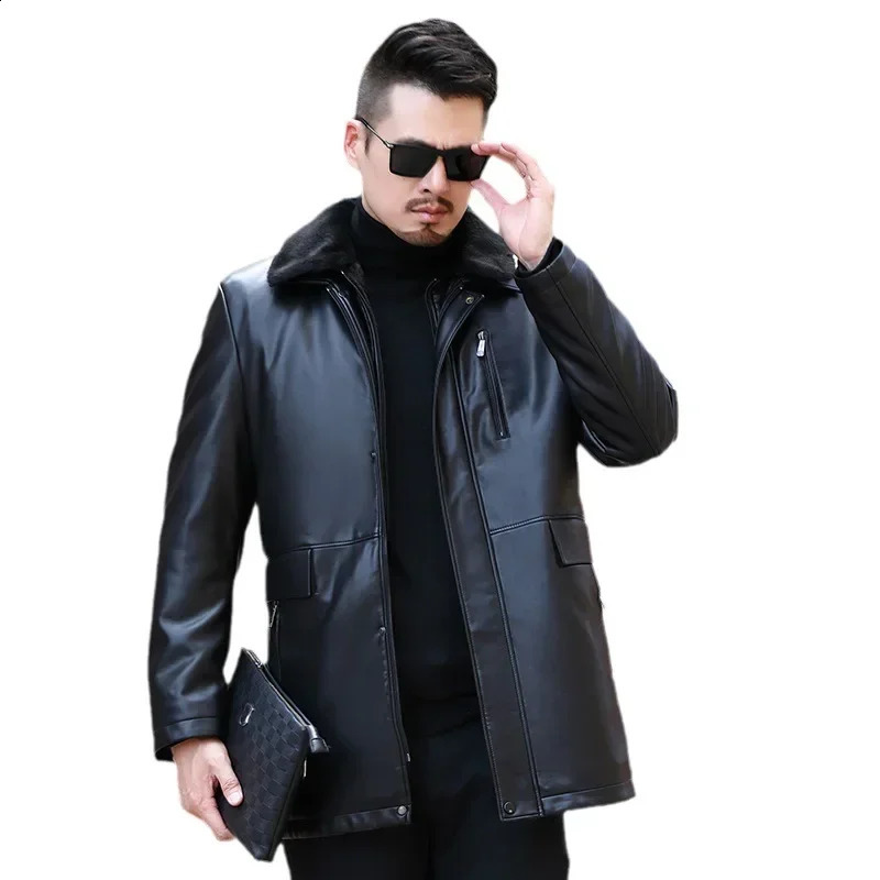 Mens Sheepskin Genuine Leather for Middle-aged and Elderly Men Plush and Thickened Winter Warm Mid Length Jacket 240822