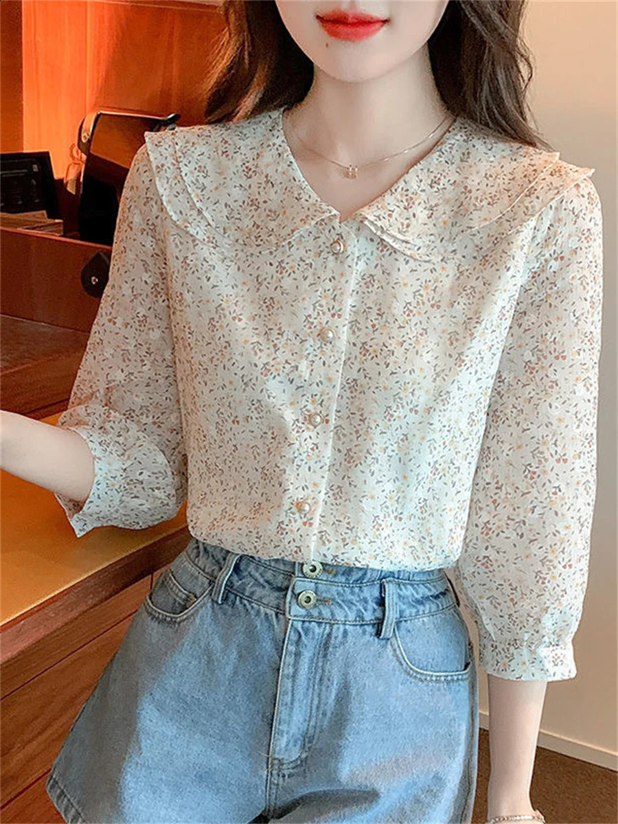 Womens Spring Summer Style Blue Top Casual Half Lantern Sleeve Peter Pan Collar DF4475 w240824