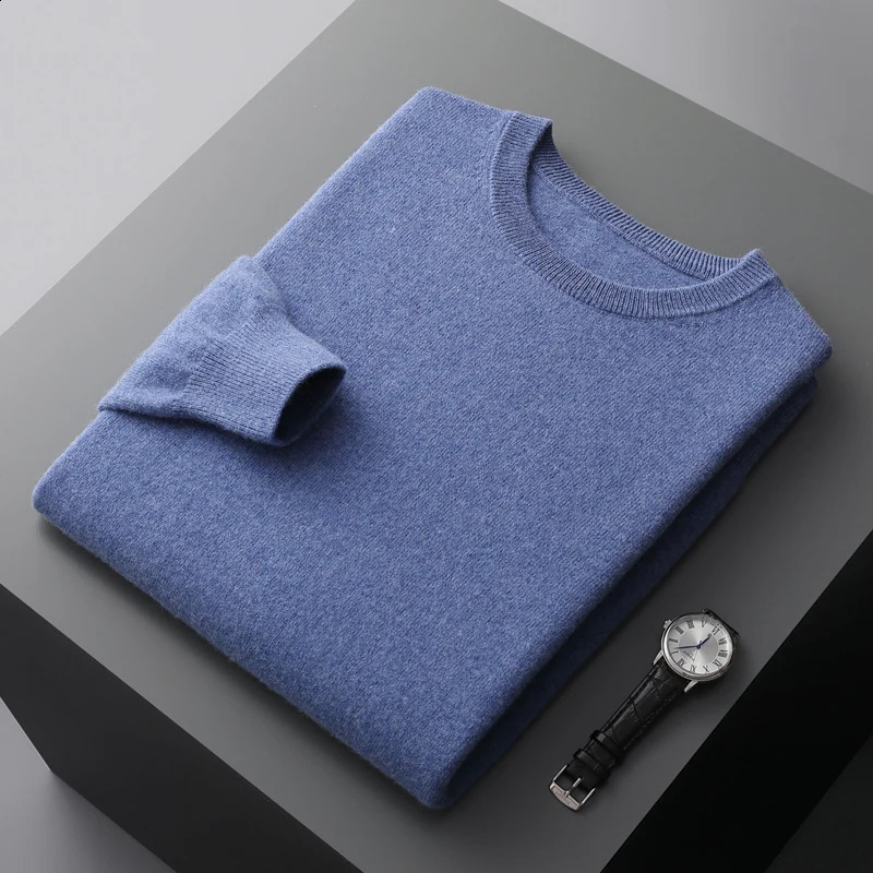100% Merino wool mens sweater Oneck knitted long sleeved zipper solid color casual top 240822
