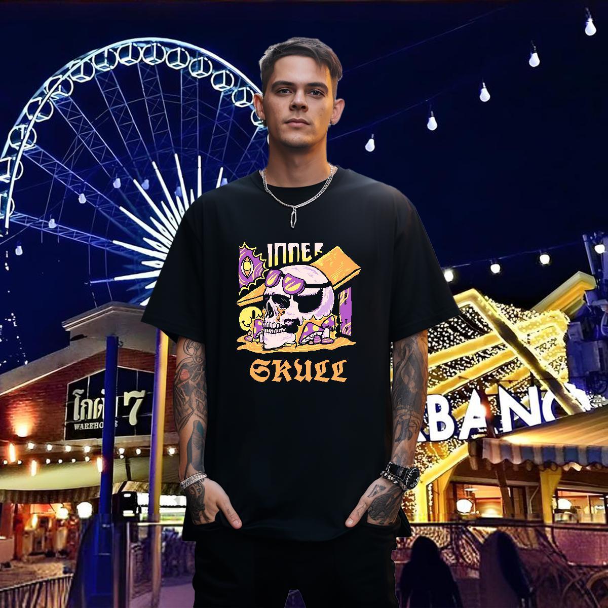 Brand Men T Shirts 100% Cotton 230g skull Daily Outfit Cartoon Printing L-4XL Short Sleeve O-Neck Men Tops Tees Designer Tee Shirt
