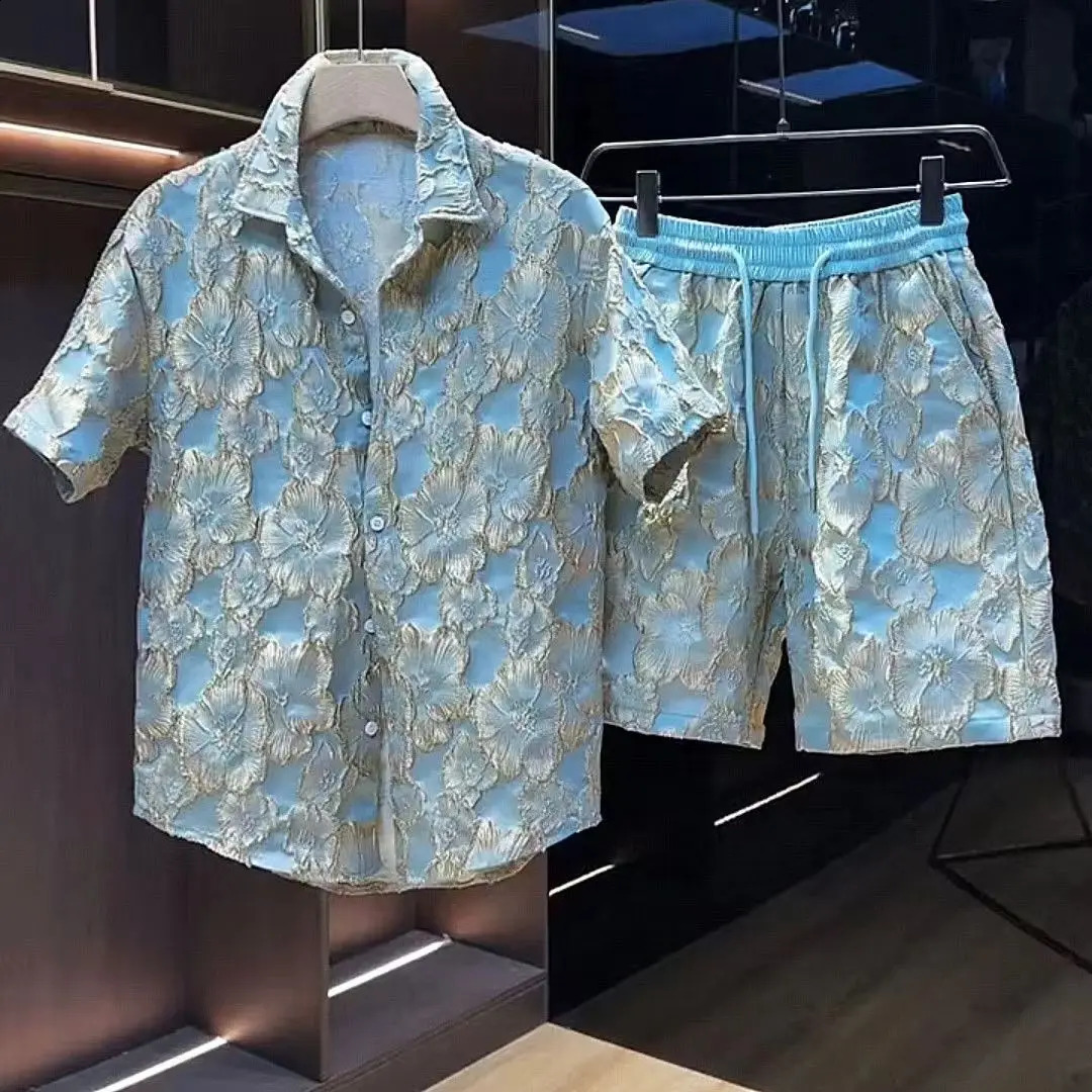 Ethnic Style Scalding Gold Flower Shirts And Shorts Two Piece Set Mens Fashion Short Sleeved Suits Summer Casual Loose Outfits 240822