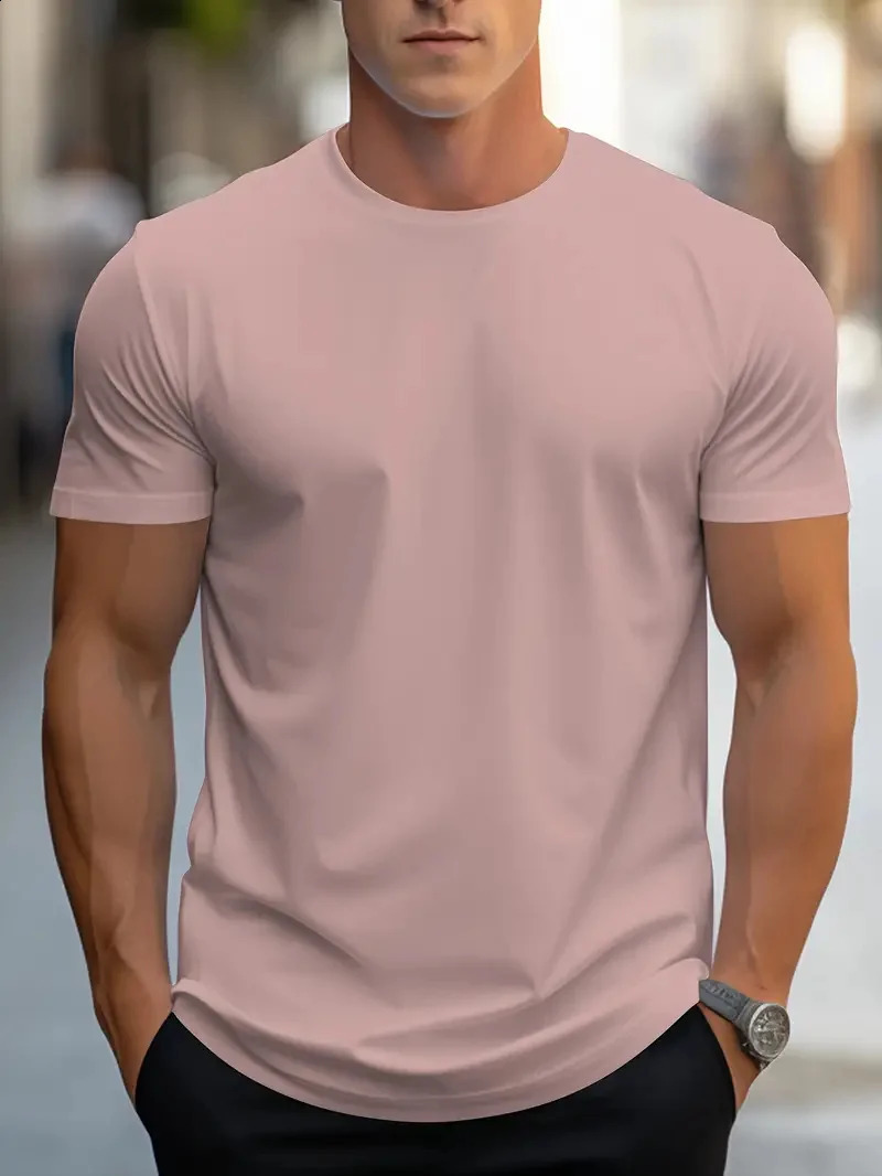 Mens Simple Solid Color Printed Short Sleeve Summer Top Street Fashion Round Neck Tshirt Loose 240822