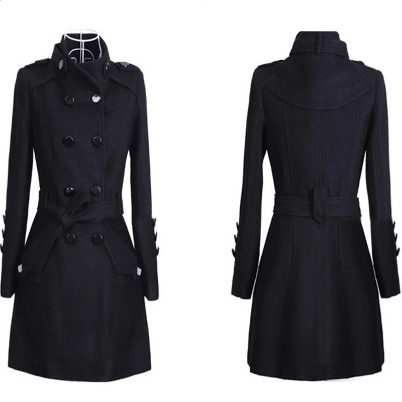 winter woolen coat with belt women ladies autumn Slim long sleeve woolen coats chic overcoat 240822