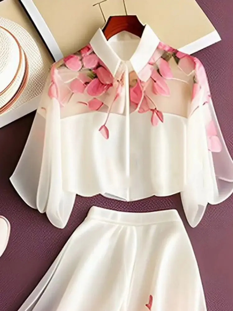 Temperament Blouse Faldas Floral Skirts Two Piece Sets Womens Outifits Short Sleeve Print Shirts Lady Ropa Mujer Chiffon Tops 240823