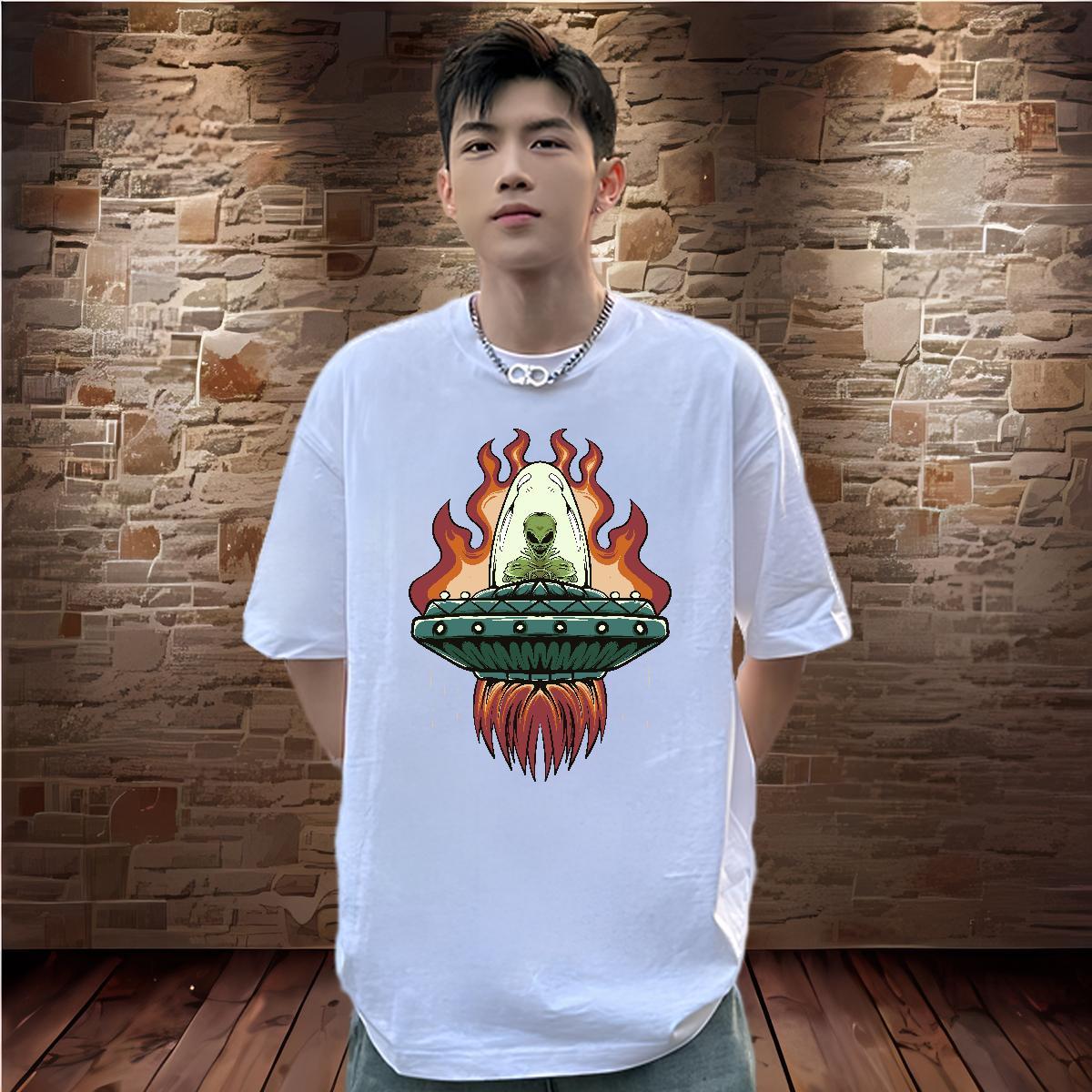 Cool T-Shirts 230g Pure Cotton UFO Casual Daily Wear Black Oversized O Neck Short Sleeves Men Tshirts 2024 Polos