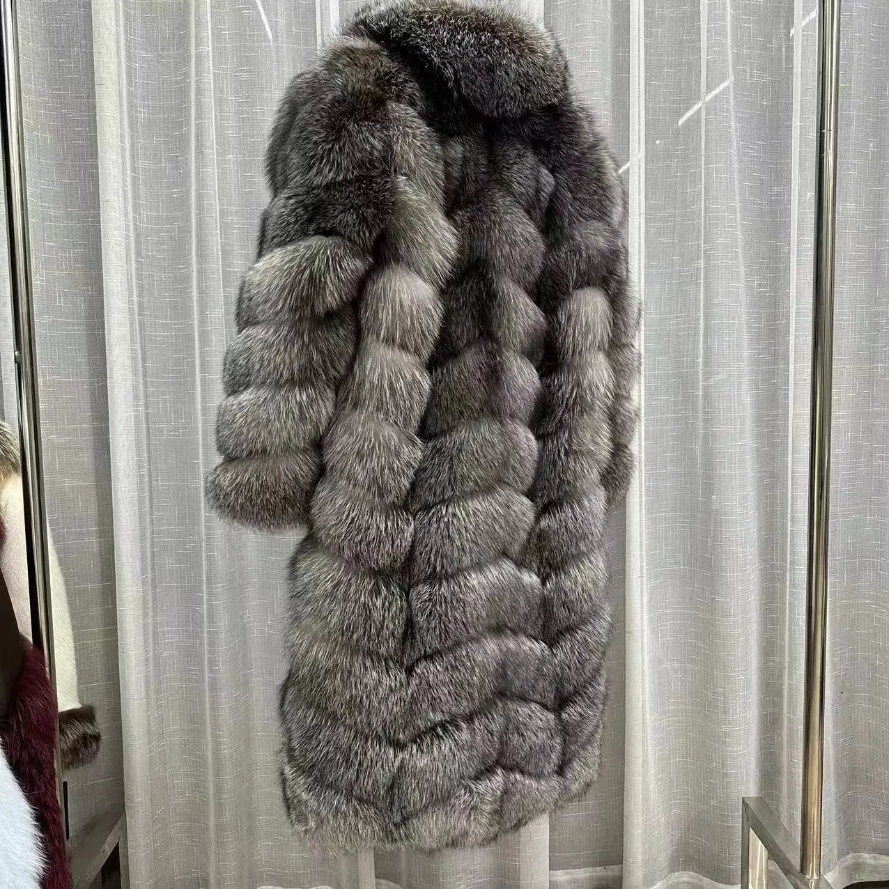 Winter Long Real Fox Fur Coat For Women Full Sleeves Plush Silver Fox Fur Jacket Lady Streetwear Thick Warm Overcoat 240823