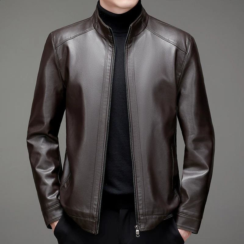 - Mens Business Gentleman British Windproof Casual Fashion Stand Collar Sheepskin Plus Size Biker Jacket Leather Jacket 240822