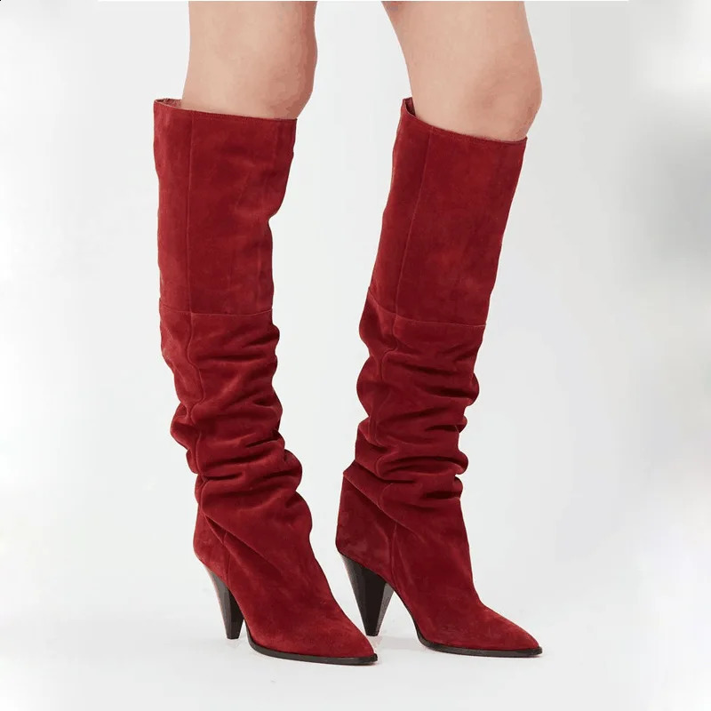 Retro Red Modern Show Kneeling High Heels Pointed Heels Solid Slip Up Stacked Party Dress Autumn Winter Womens Shoes 240823