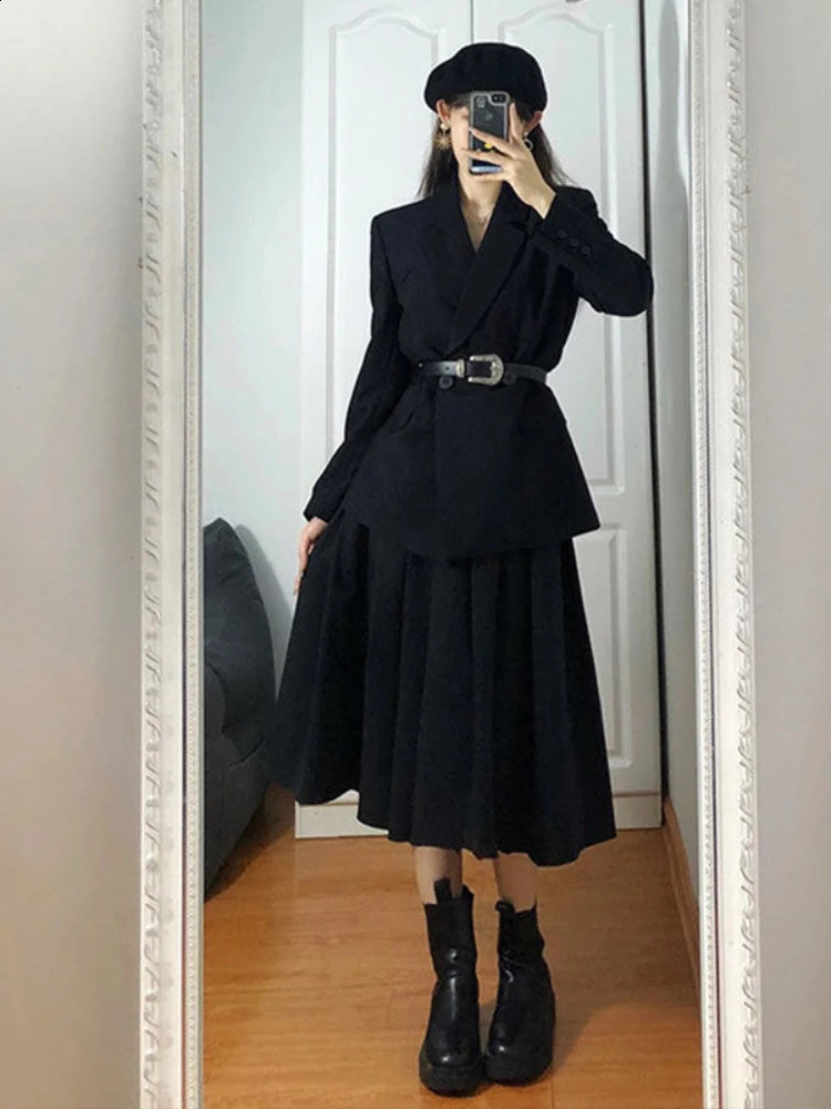 Xgoth Autumn Elegant Suit Long-sleeved Straight Shoulder Blazer Jacket High Waist Long Skirt Office Lady Two-piece Sets 240823