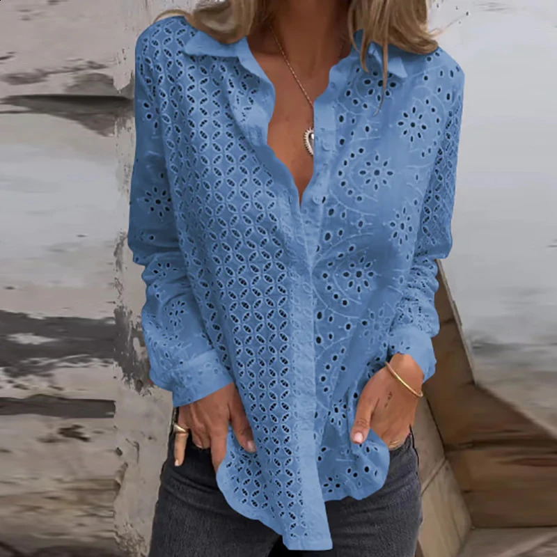 Sexy Hollow Out Embroidery Crochet Blouses Women Spring Solid Long Sleeve Jacquard Top Summer Loose Single Breasted Lapel Shirt 240823