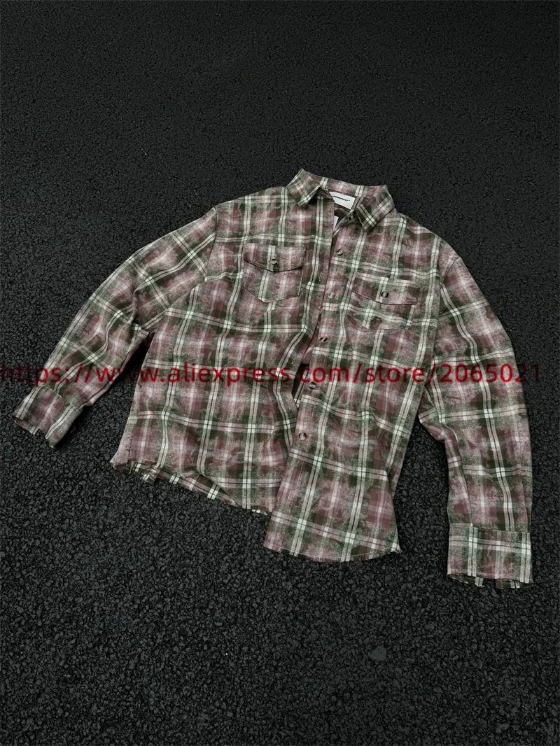 Retro Distressed Halo Dyeing Flannel Cotton Plaid Shirts Men Women Oversize Shirts Top 240822