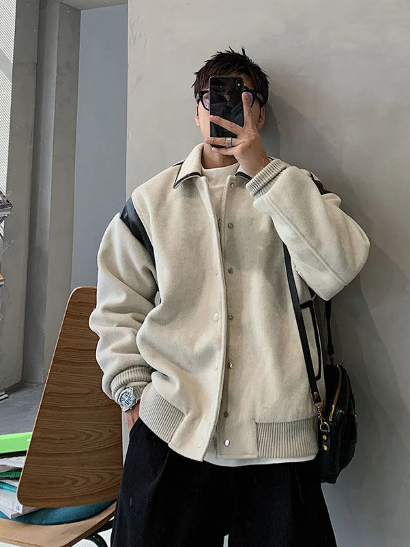 Korean style spliced woolen jacket mens autumn and winter trendy Japanese retro high-end top high street work jackets top 240815