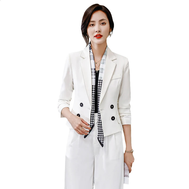 Autumn highquality office womens long pants set solid work clothes jacket and wide leg Trouser 2piece 240823