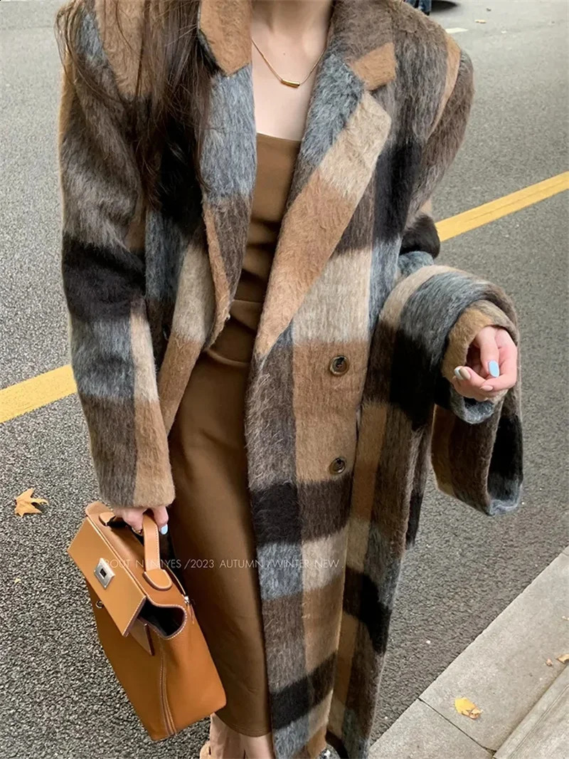 French plaid woolen long coat jacket for womens winter autumn/winter loose fitting high-quality trench coat for commut 240822
