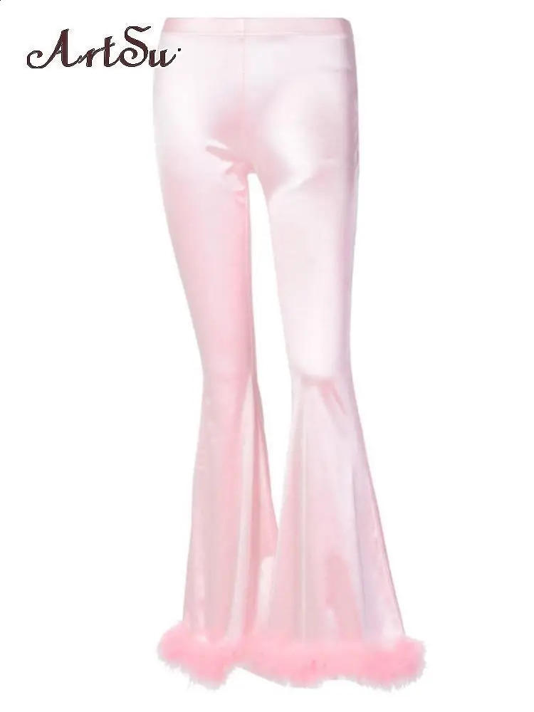 Party Pink Long Pants Faux Fur Fluffy Satin Women Flare Pants High Waist Bell Trousers Bodycon Sexy Autumn Winter Bottoms 240823