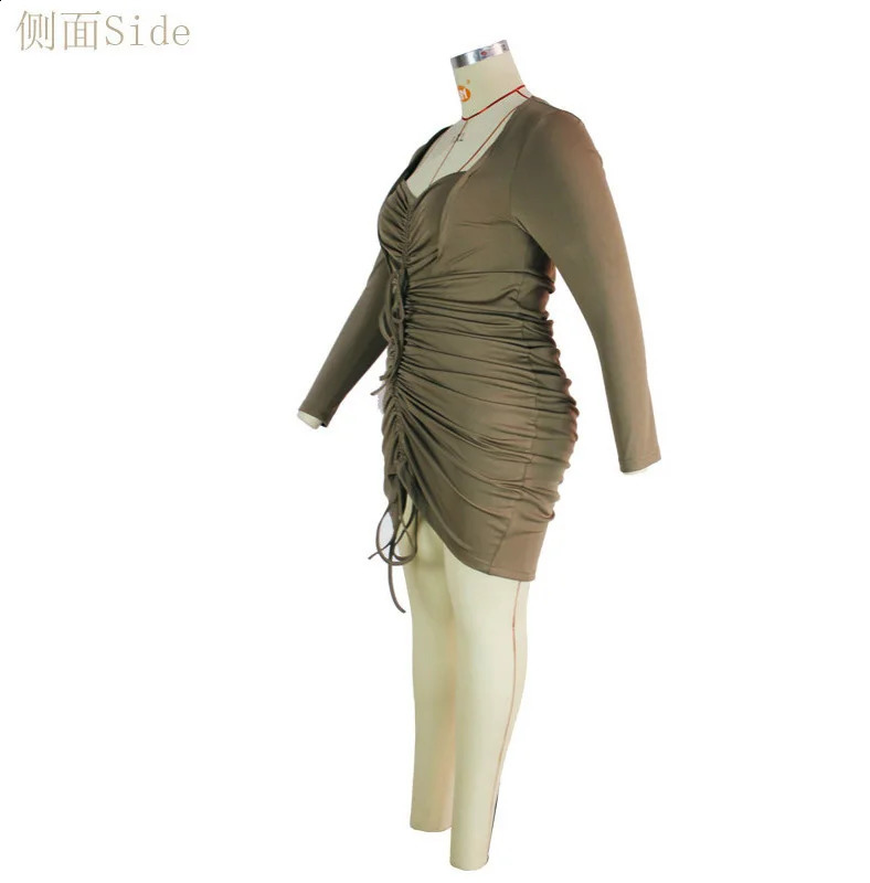 Plus Size Sexy Dress Womens Plus Solid Long Sleeve Sweetheart Neck Drawstring Ruched Medium Stretch Bodycon Mini Dress 240823