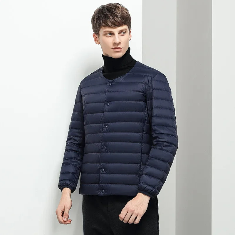 Mens lined duck down jacket Oneck variable Vneck mens winter warm collarless ultra light quilted puff coat 240822