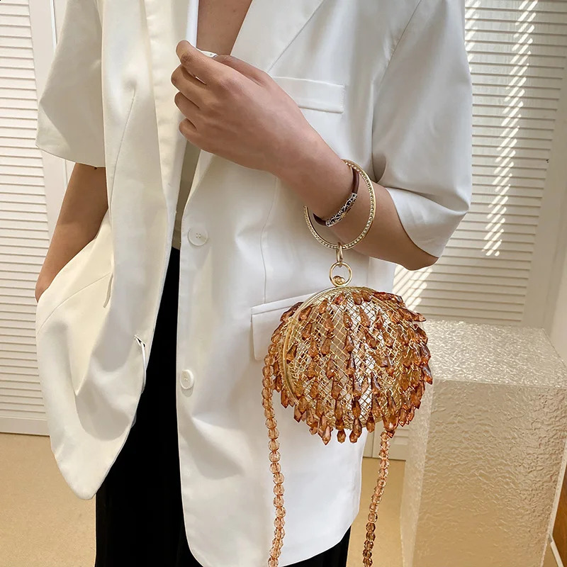 y Crystal Evening Womens Clutch Bag Retro Beaded Round Ball n Wedding Party Handbag Wallet Cross Body 240823