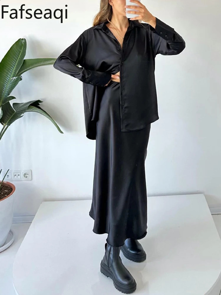 INS Satin Skirt Suit Set for Women Spring Elegant Office A-line Skirts Buttons Shirt Two-piece Set Womens Tracksuit Outfit 240823