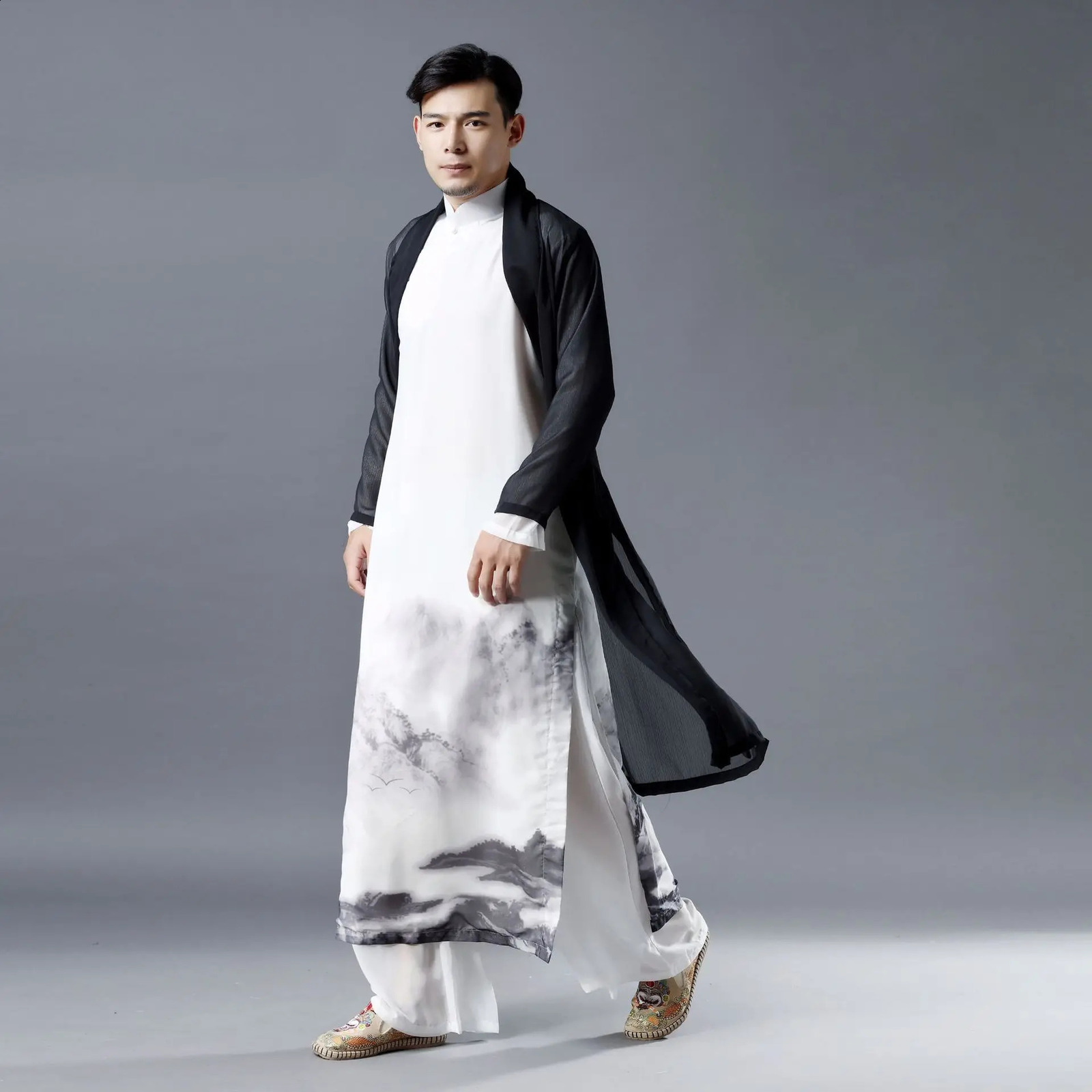 Summer National Style Fashion Chiffon Long Trench Coat Men Side Slit Ultrathin Breathable Black Linen Cardigan Jacket 240822