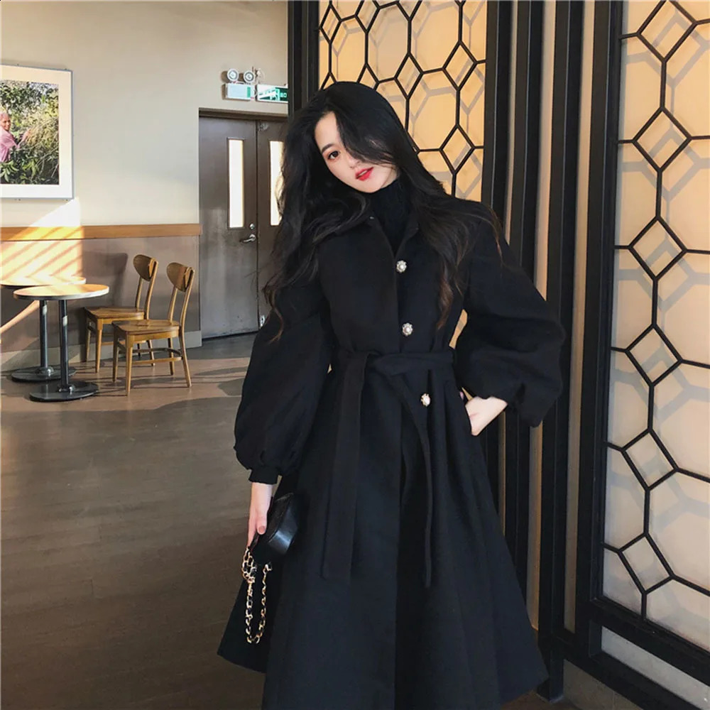 Autumn Winter Wool Jackets For Women French Retro Red Literary Court Ladies Mid-length Lantern Sleeve Faux Woolen Coats 240822