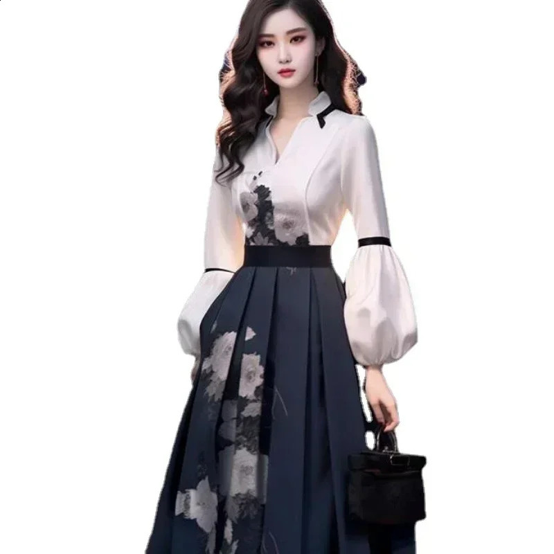 Womens Skirt Set Long Sleeved Blouse Top Autumn Spring High End Chinese Elegant Temperament Goddess Show Thin Print Skirt Set 240823