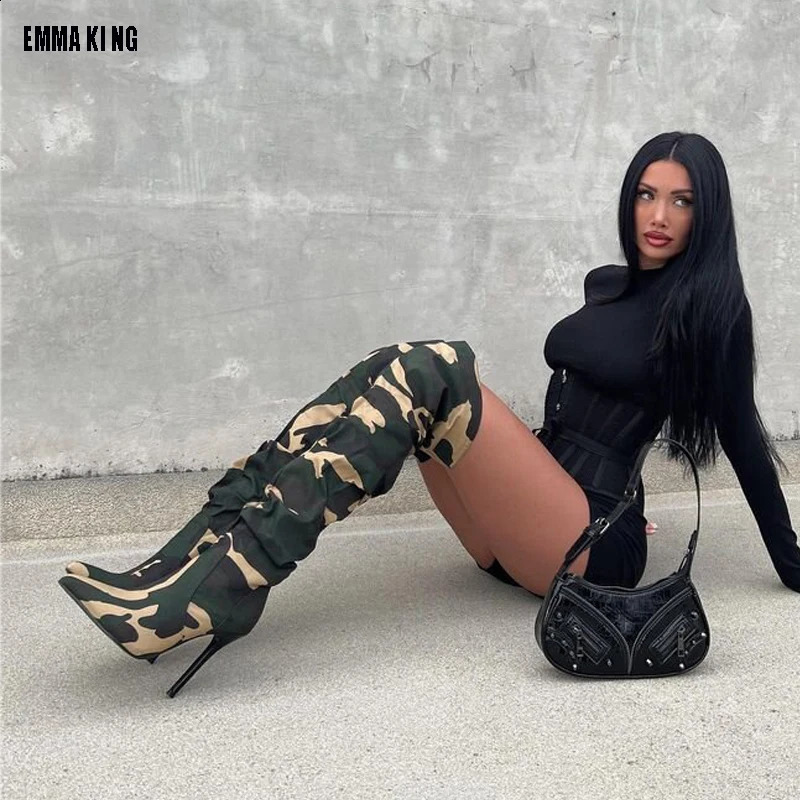 Fashionable printed camouflage sexy knee high boots thin high heels womens long toe motorcycle boots womens 240823