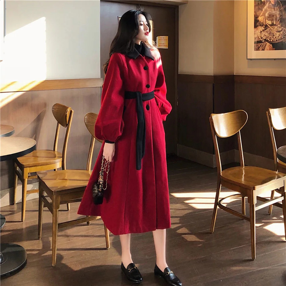 Autumn Winter Wool Jackets For Women French Retro Red Literary Court Ladies Mid-length Lantern Sleeve Faux Woolen Coats 240822