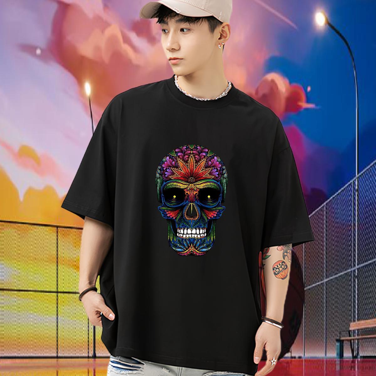 Classic T-Shirts 230g Cotton skull Casual Daily Wear Custom Cartoon Breathable Crew Neck Mens Tshirts 2024 DIY Tee Shirt