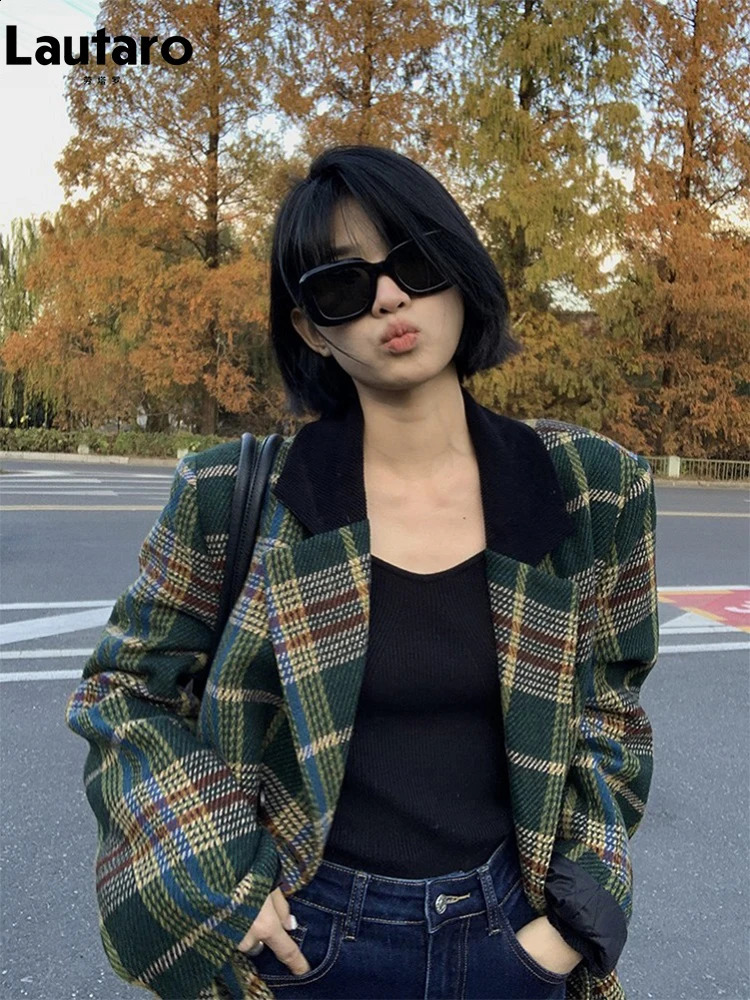 Lautaro Autumn Winter Long Oversized Plaid Trench Coat for Women Double Breasted Loose Casual Green Tweed Coats Korean Fashion 240822