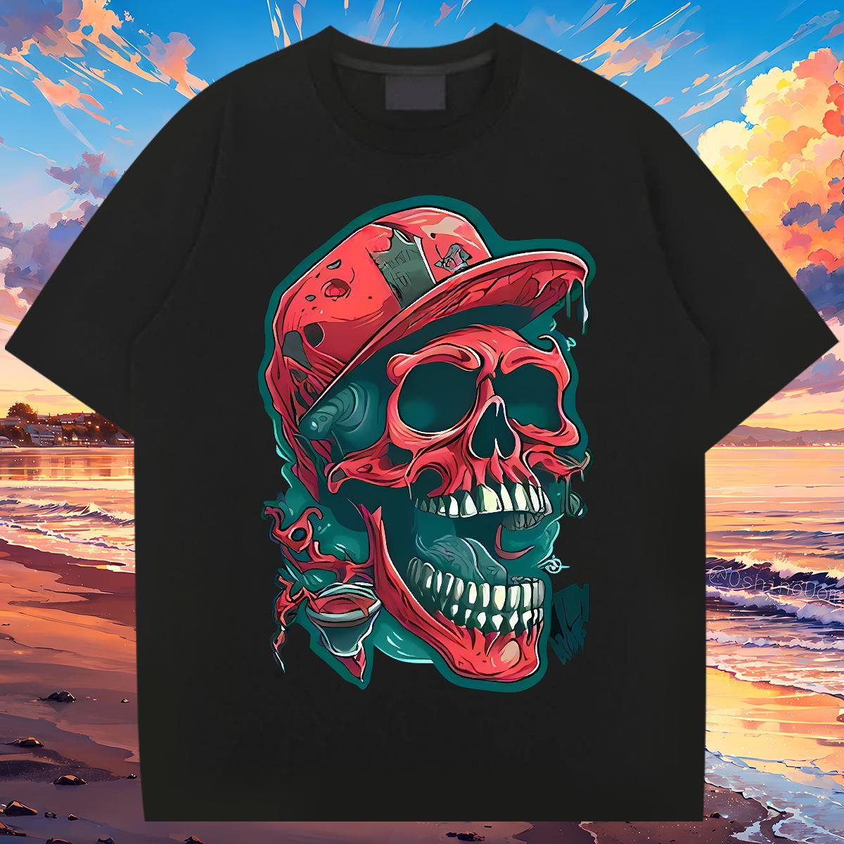 TOP Quality T Shirt For Man 230g Pure Cotton skull Beach DIY Printed Breathable Men Clothes T-Shirt 2024 Clothings