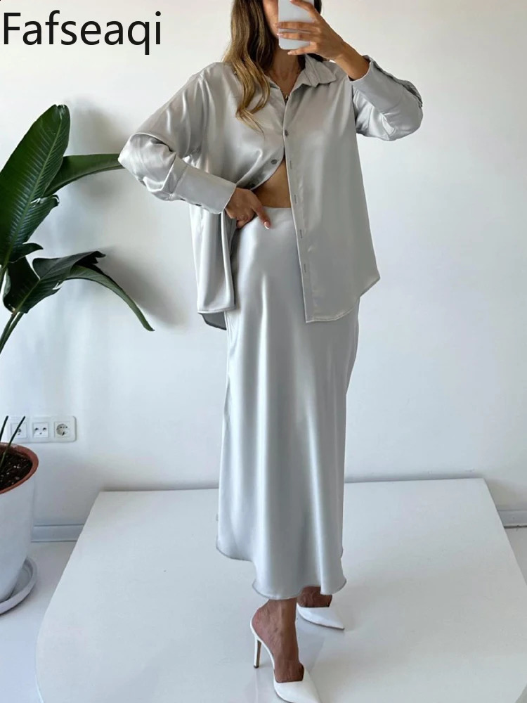 INS Satin Skirt Suit Set for Women Spring Elegant Office A-line Skirts Buttons Shirt Two-piece Set Womens Tracksuit Outfit 240823