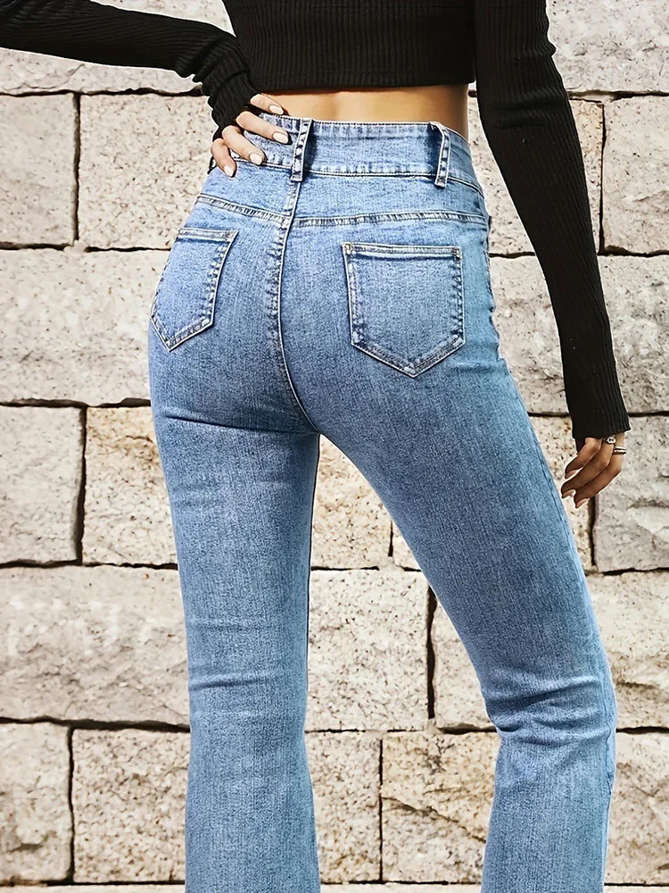 Womens Flare Elastic Retro High Waist Jeans Tight Bell Bottom Tassel Denim Pants Y2K Double Button 240823