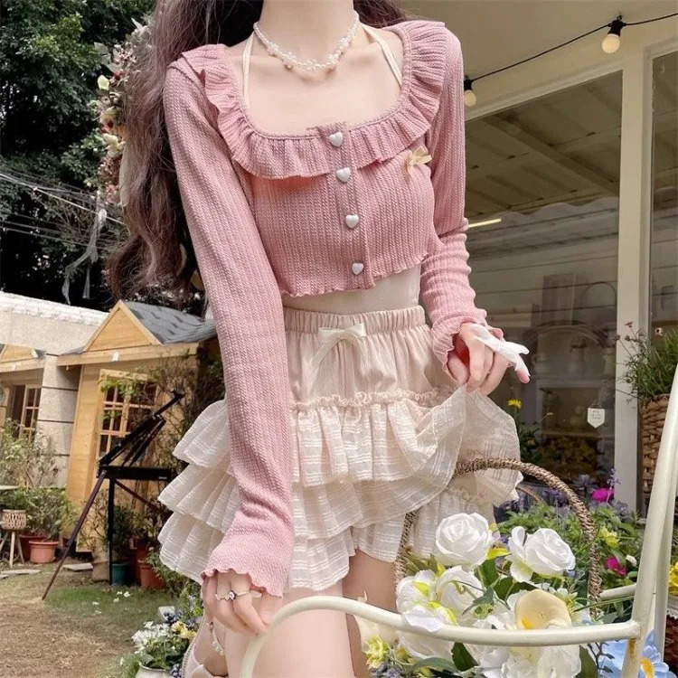 Sweet Square Collar Ruffles Long Sleeve Cardigan Coat Y2k High Waist Ruched A-line Cake Shorts Skirts Two Piece Sets 240823