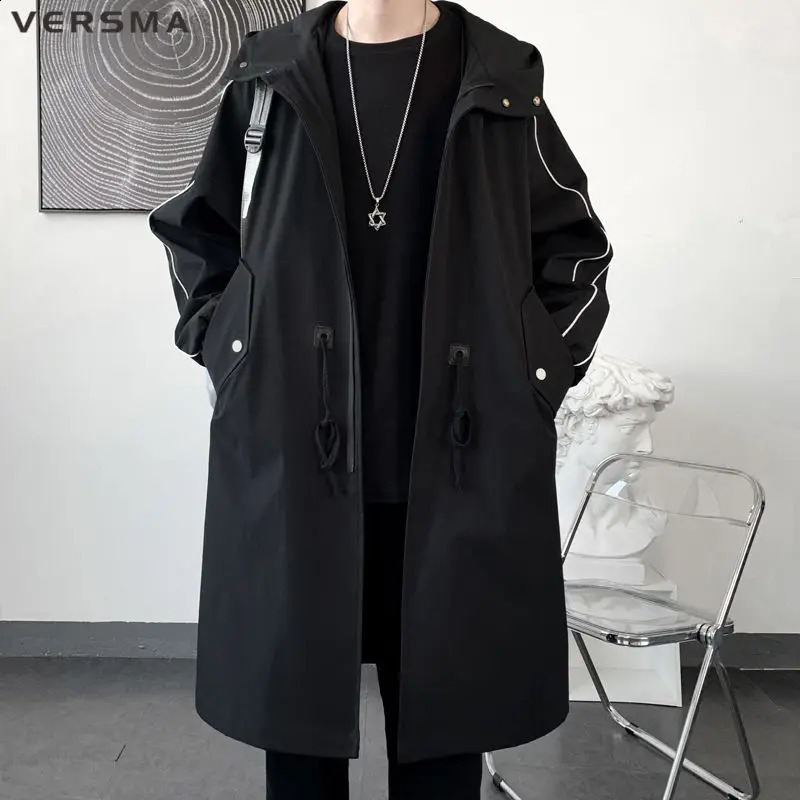 VERSMA Korean Harajuku Kpop Punk Rock Trench Coat Men British Style Hip Hop Classic Oversize Mens Black Trench Coats Windbreaker 240822