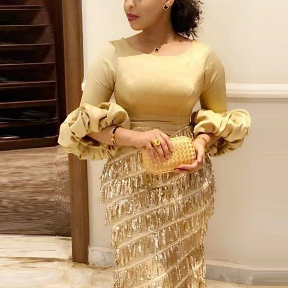 Womens Party Dresses Round Neck Lantern Long Sleeve Tassel Slim Gold Dress Autumn Ladies Elegant Evening Clothes 240823