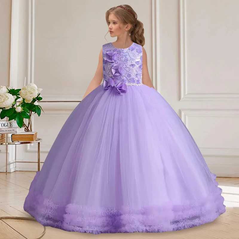 4-14Y lace teenage childrens girl wedding dress elegant princess party dress Christmas formal sleeveless dress W240823