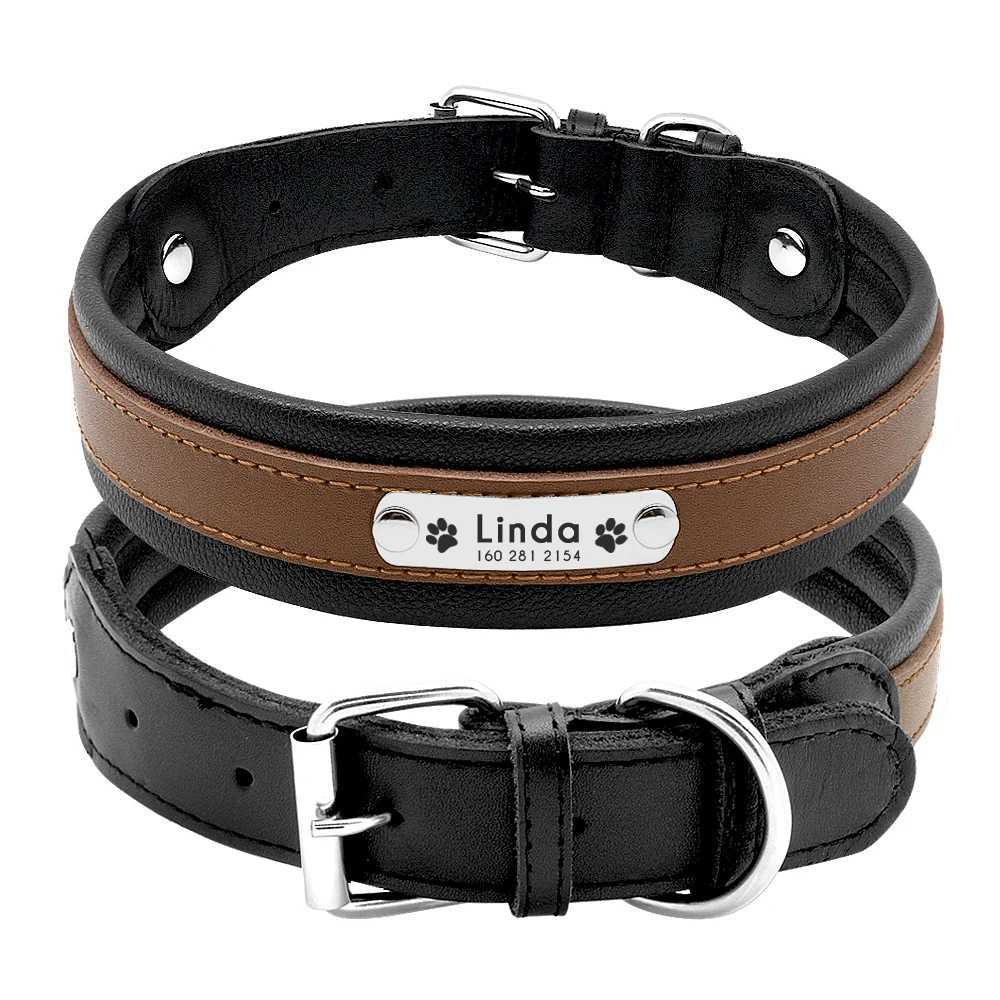 Big dog collar genuine leather dog collar personalized pet name ID collar pad customized for medium-sized big dogsX240823