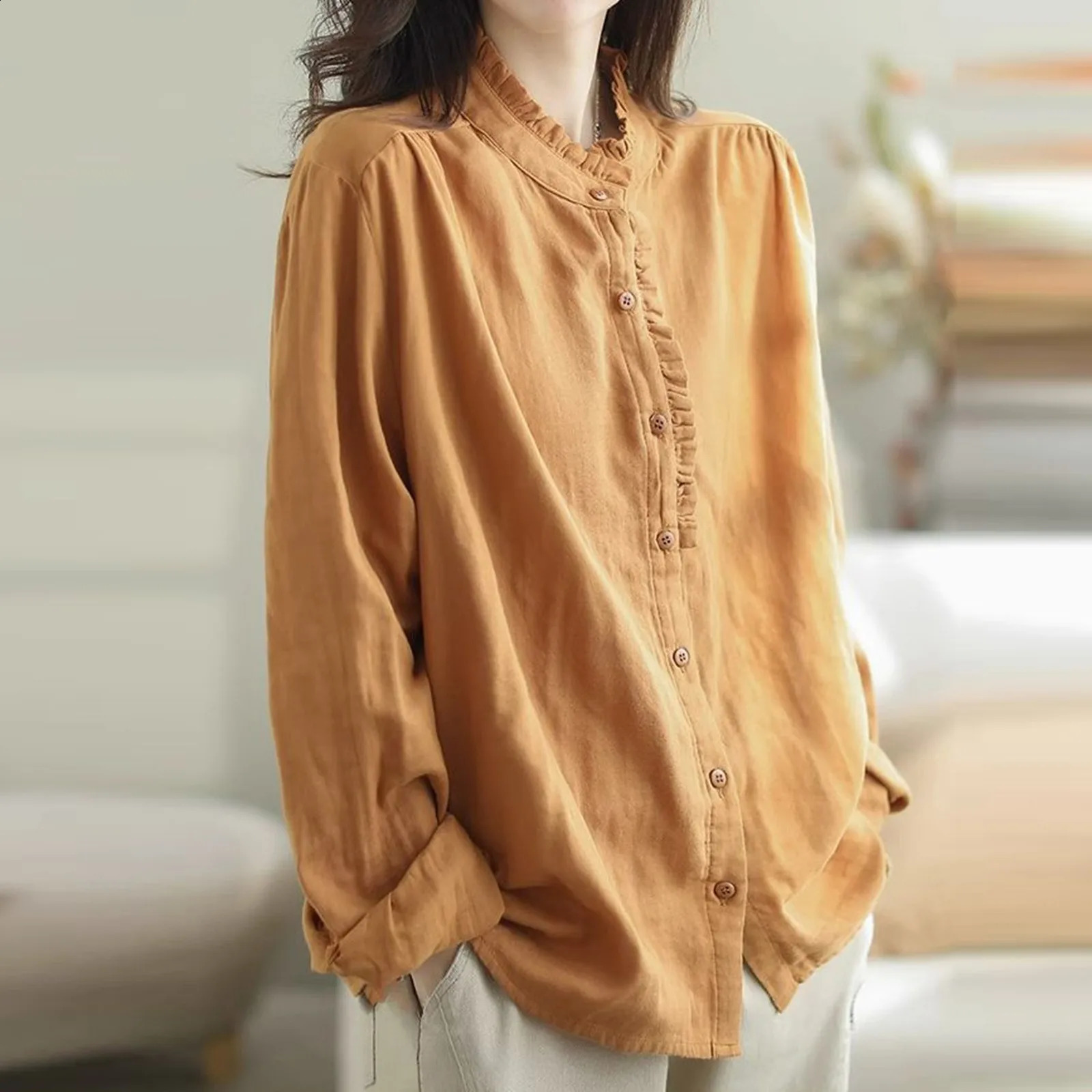 Womens casual spring and summer cotton linen long sleeved patch work clothes Ropa Mujer Tendencia 240822