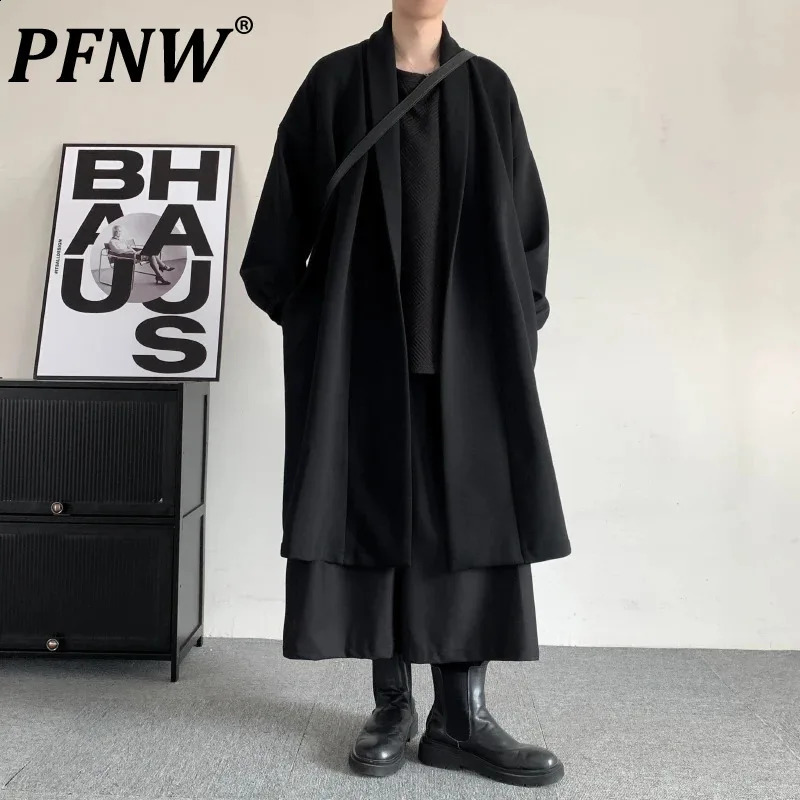 PFNW Dark Style Mens Cardigan Punk Plush Thicken Mid Length Male Windbreaker Fashion Trench High Street Coat 12Z6378 240822