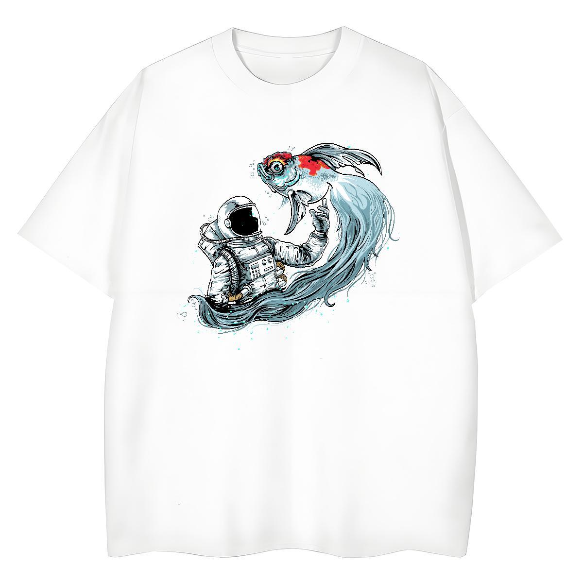 Free Shipping Couples T Shirts 230g Pure Cotton spaceman Casual Sport Womens T Shirts O Neck Short Sleeves Floral Print Tees
