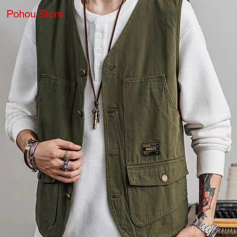 Summer Retro Loose and Thin Japanese Multi Pocket Workwear Sleeveless Vest Men 240822